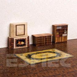 Maket Şömine/Kitaplık/Ahşap Çekmece/Halı Set